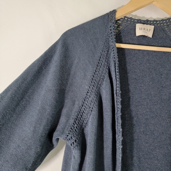 WRAP London Women's Blue Open Front Cardigan Sz 14 Linen Blend Crochet Pockets - Picture 5 of 11